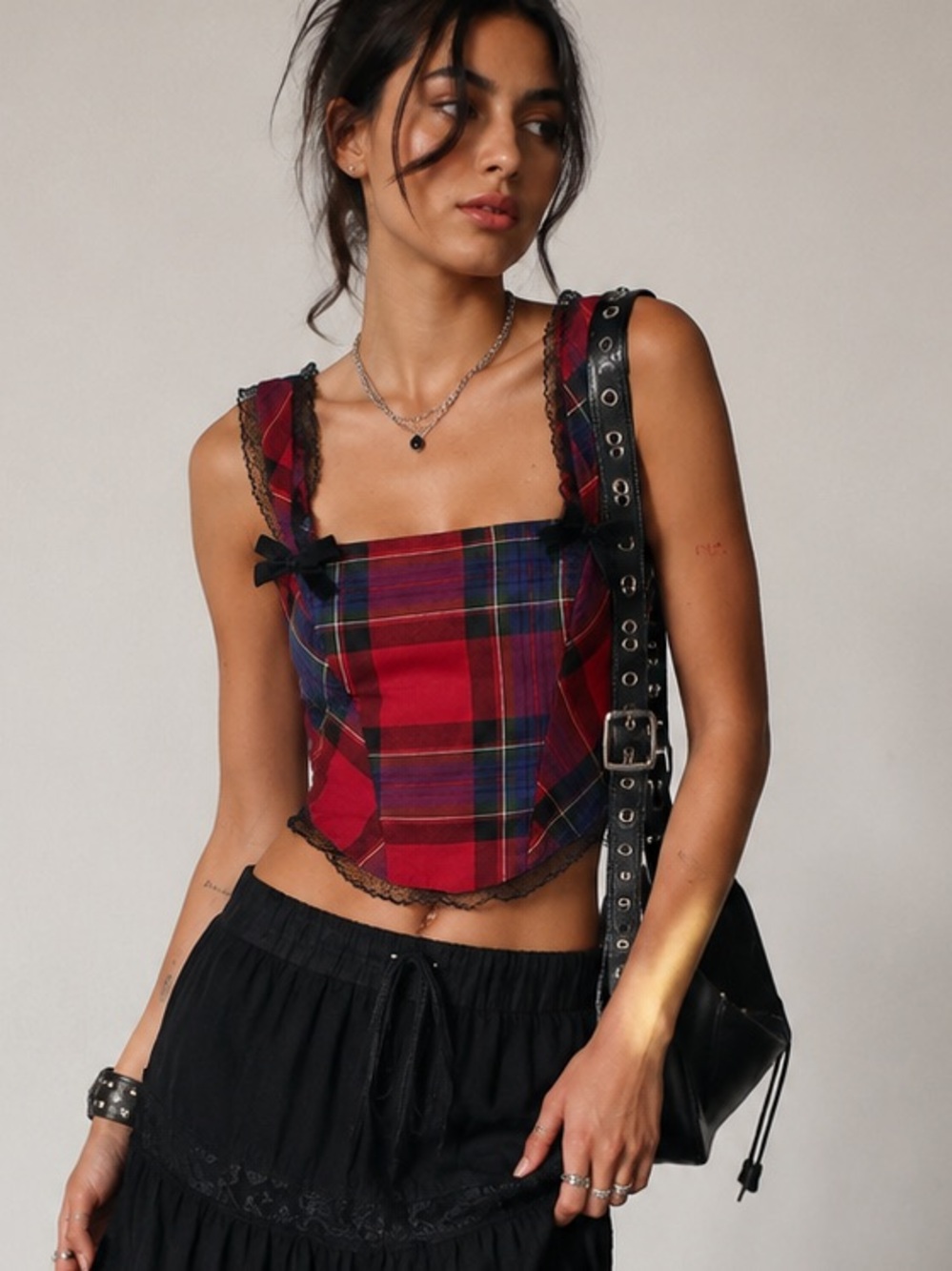 ❗️ Kimchi Blue red black blue purple green Plaid Bustier size medium lace bows